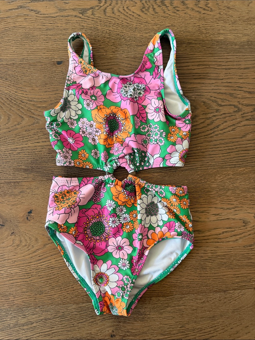 Girls Floral Cutout Bikini Swimsuit - Pink & Green